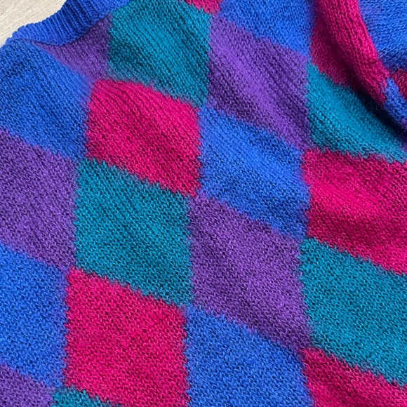 90s Vintage Wool Argyle Cardigan Sweater - Blue, Purple, Pink Preppy Grandpa - Picture 6 of 6